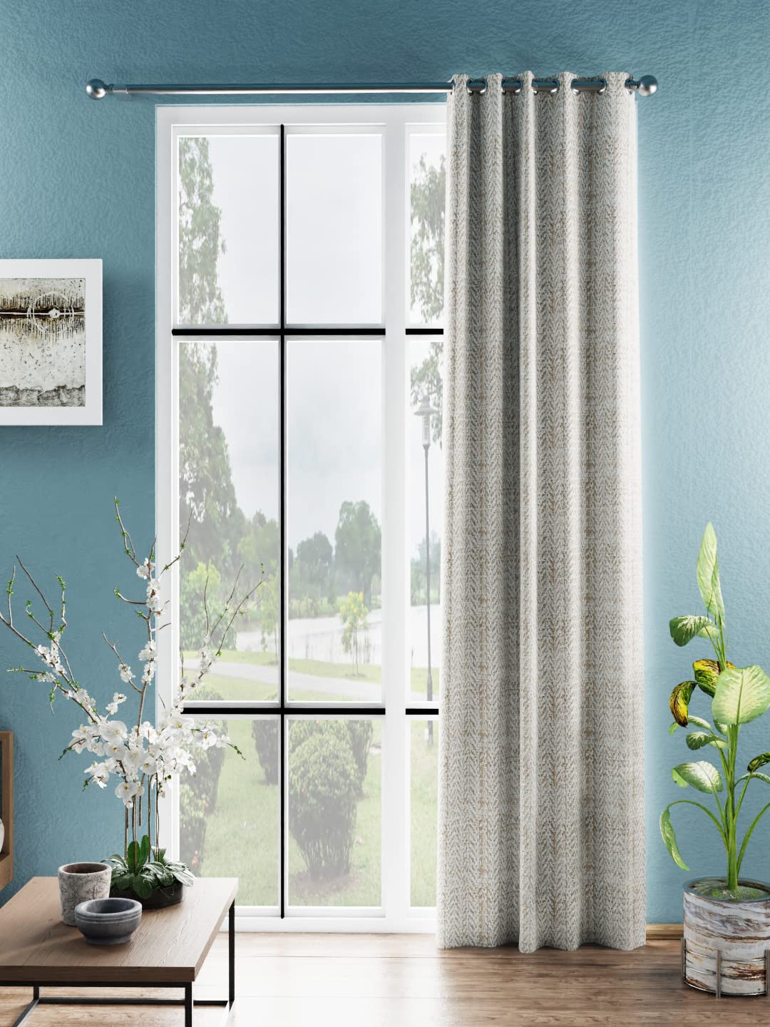 BIANCA Jacquard Blackout Eyelet Curtain 1pc 7 Feet (dromanio) | Blocks 80% Sunlight | Door OrnamentalTaupe/Silver