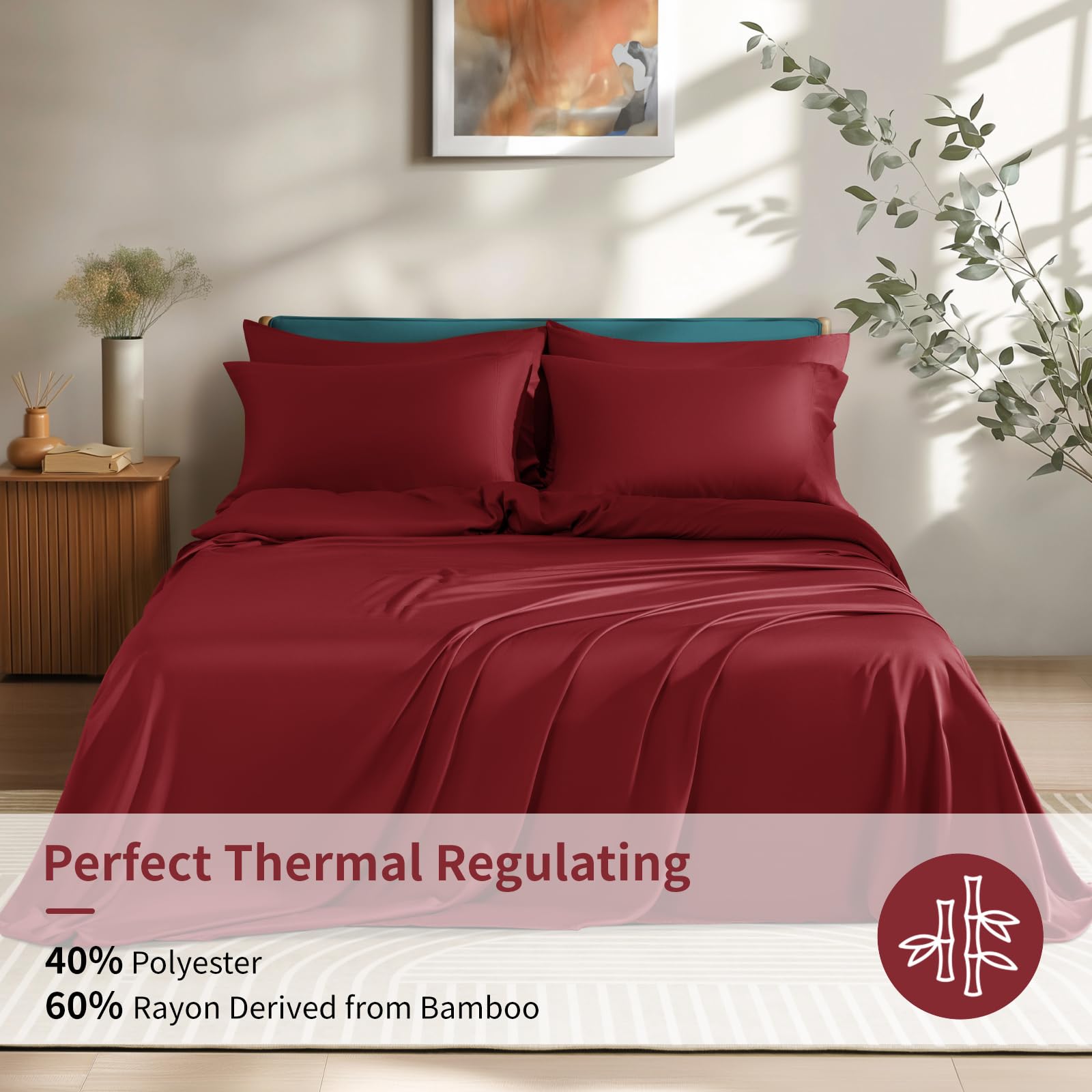 Shilucheng 6 Piece King Sheet Sets, Cooling Sheets, Blend Rayon Derived From Bamboo, Deep Pocket Up To 16', Breathable & Soft Bed Sheets, Hotel Silky Bedding Set, Burgundy
