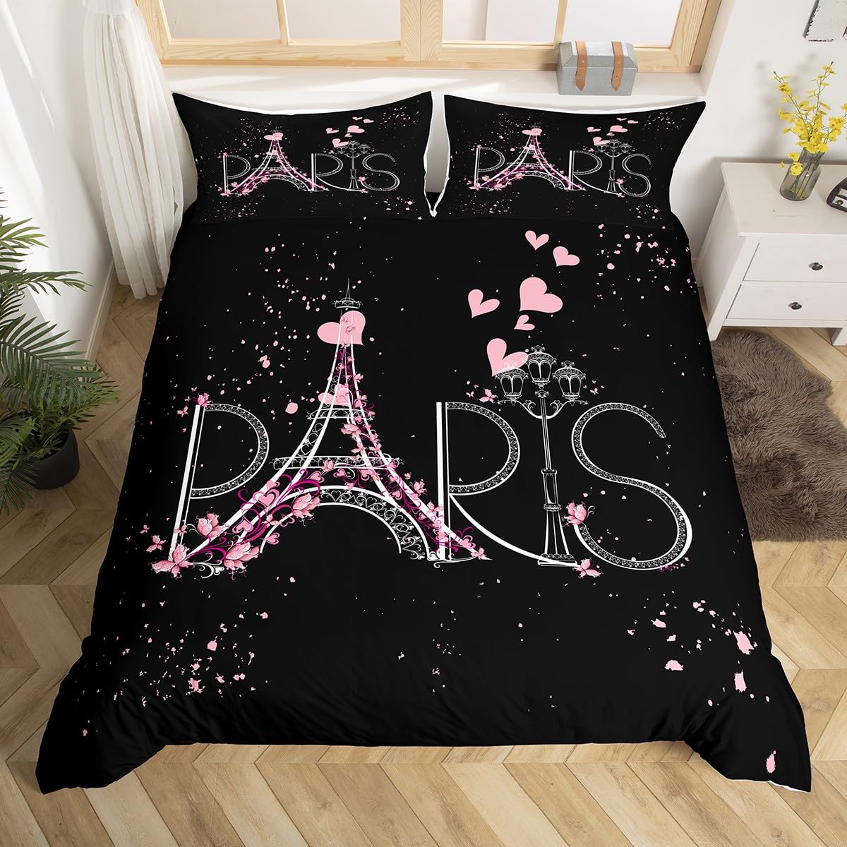 Eiffel Tower Duvet Cover Chic Paris Bedding Set Romantic Theme Comforter Cover For Boys Girls Children Teens Black Pink Bedroom