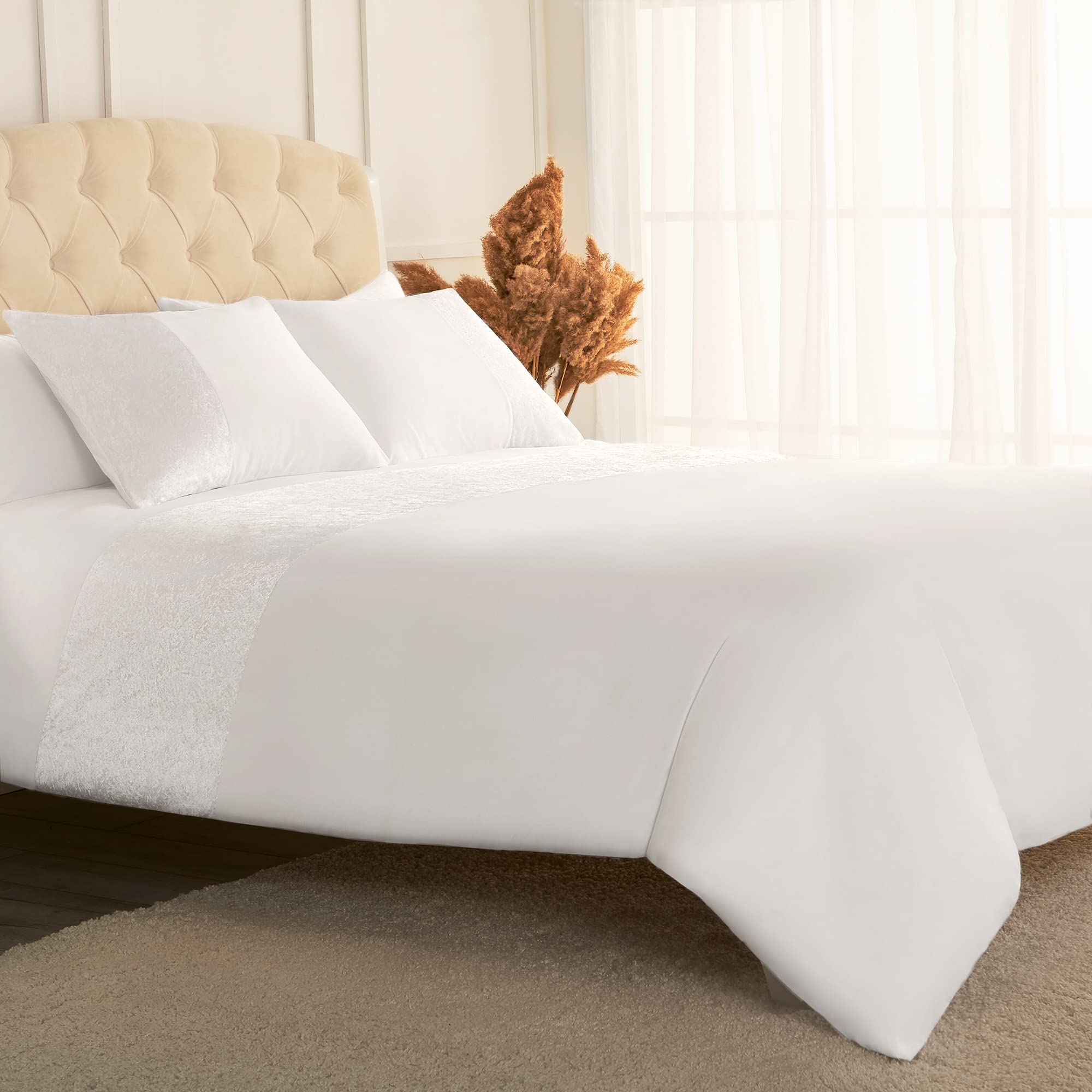 Mellanni Velvet Stripe White Duvet Cover Queen - Wrinkle, Fade, Stain Resistant - Queen White Comforter Cover Set - 8 Ties & Hid