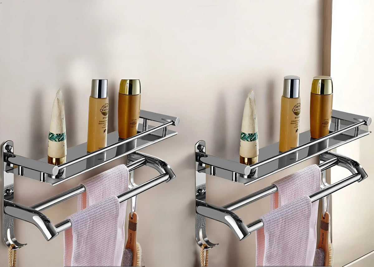 iSTAR Stainless Steel Bathroom Shelf with Towel Holder | Wall Mounted Storage Organizer Rack with Hooks for Shampoo, Shower Gel,