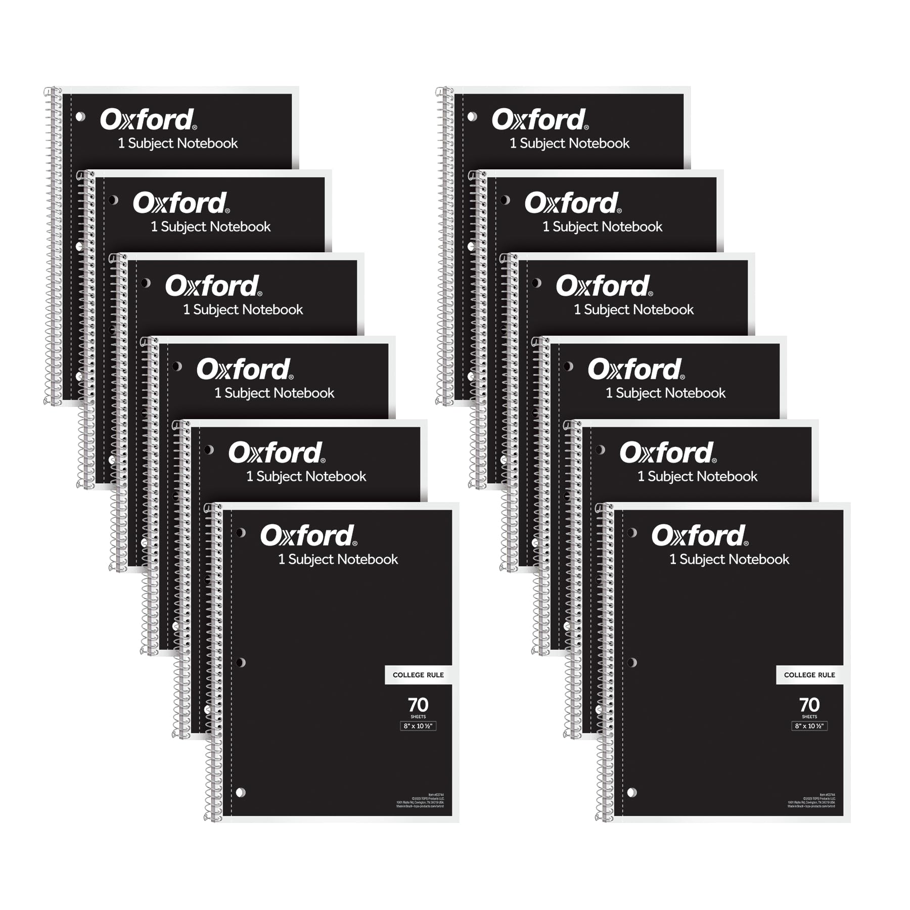Oxford Spiral Notebook 1-Subject, Bulk College Ruled Spiral Notebooks For School, College Ruled Paper, Black Covers, 70 Perforat