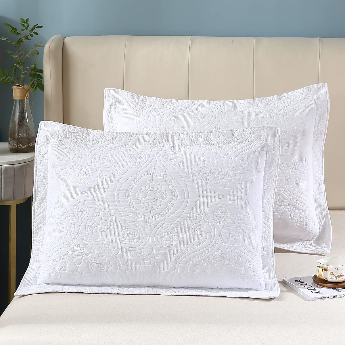 Winlife Quilted Embroidered Standard Pillow Shams White 100% Cotton Floral Decorative Pillow Sham Set Of 2 (20''X 26'', Damask,