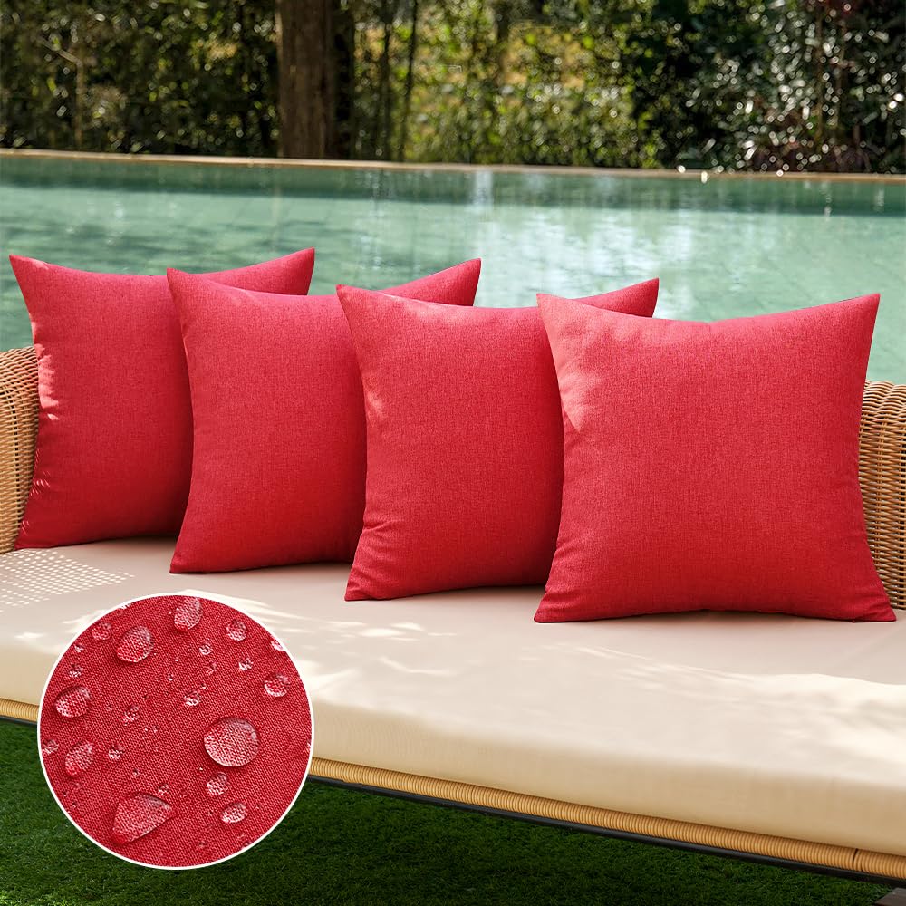 Miulee Pack Of 4 Decorative Outdoor Throw Pillow Covers Linen Waterproof Pillow Covers Farmhouse Cushion Cases For Patio Garden Tent Balcony Couch Sofa18X18 Inch Red