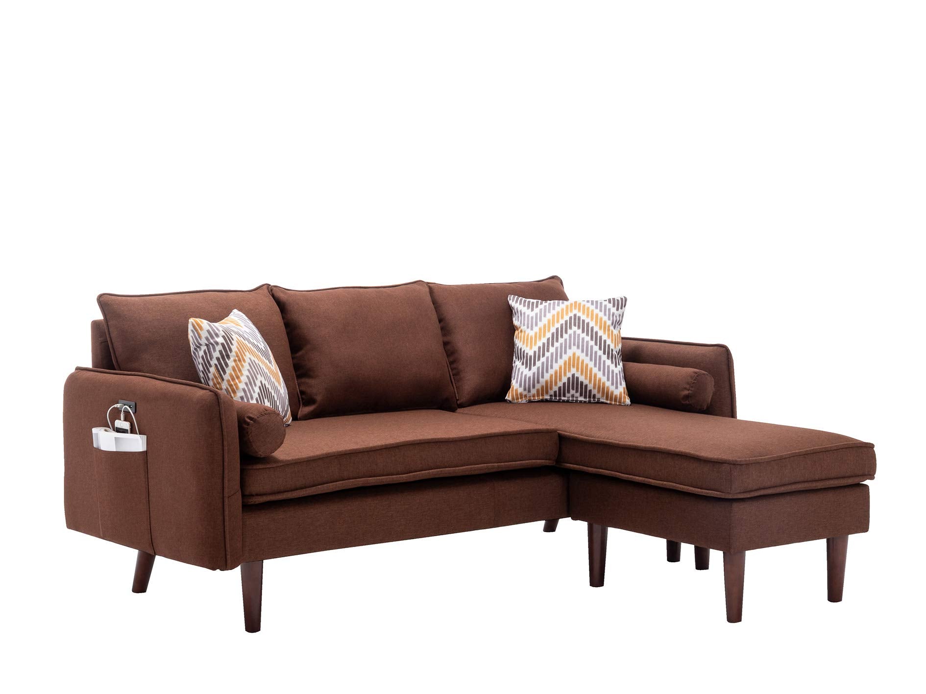 Lilola Home Mia Brown Sectional Sofa Chaise with USB Charger & Pillows
