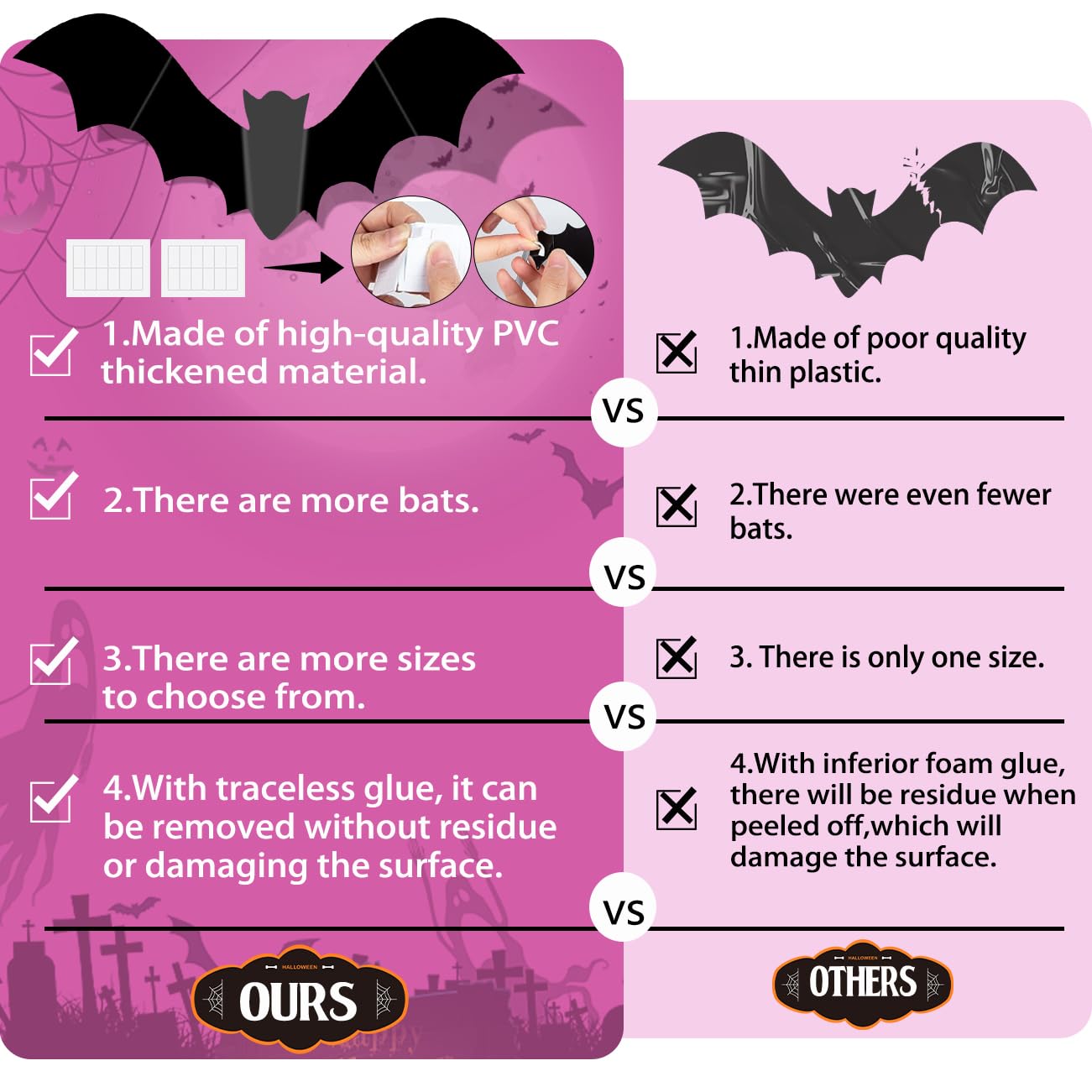 Pink Bats For Wall Halloween 3D Bats Blush And Black Diy Wall Decal Bathroom Indoor Cute Halloween Party Decorations, Pastel Hal