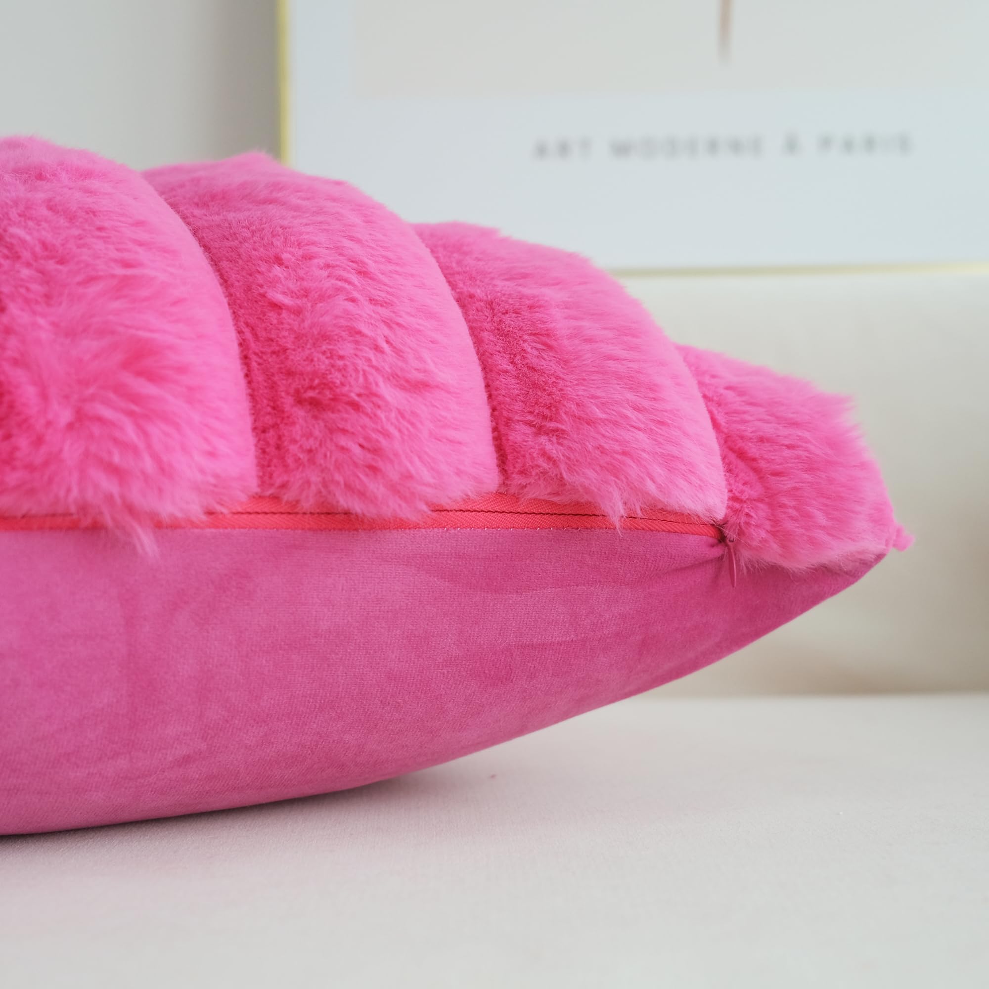 Jojusis Pack Of 2 Faux Fur Plush Decorative Throw Pillow Covers Couch Cushion Case Soft Fluffy Pillowcases Wide Stripe (Hot Pink