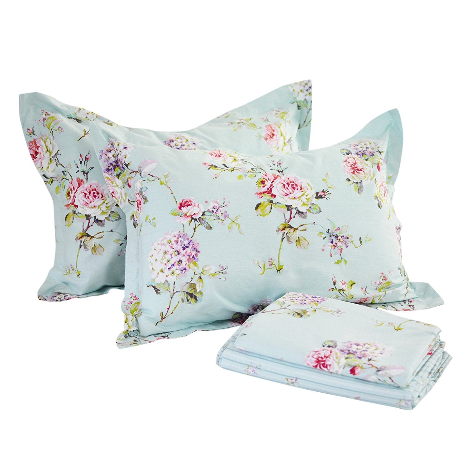 Fadfay Girls Floral Sheet Twin Premium 100% Cotton Blue Floral Rose And Hydrangea Print Bed Sheet Set Bed Sheets 4 Piece? 1Flat