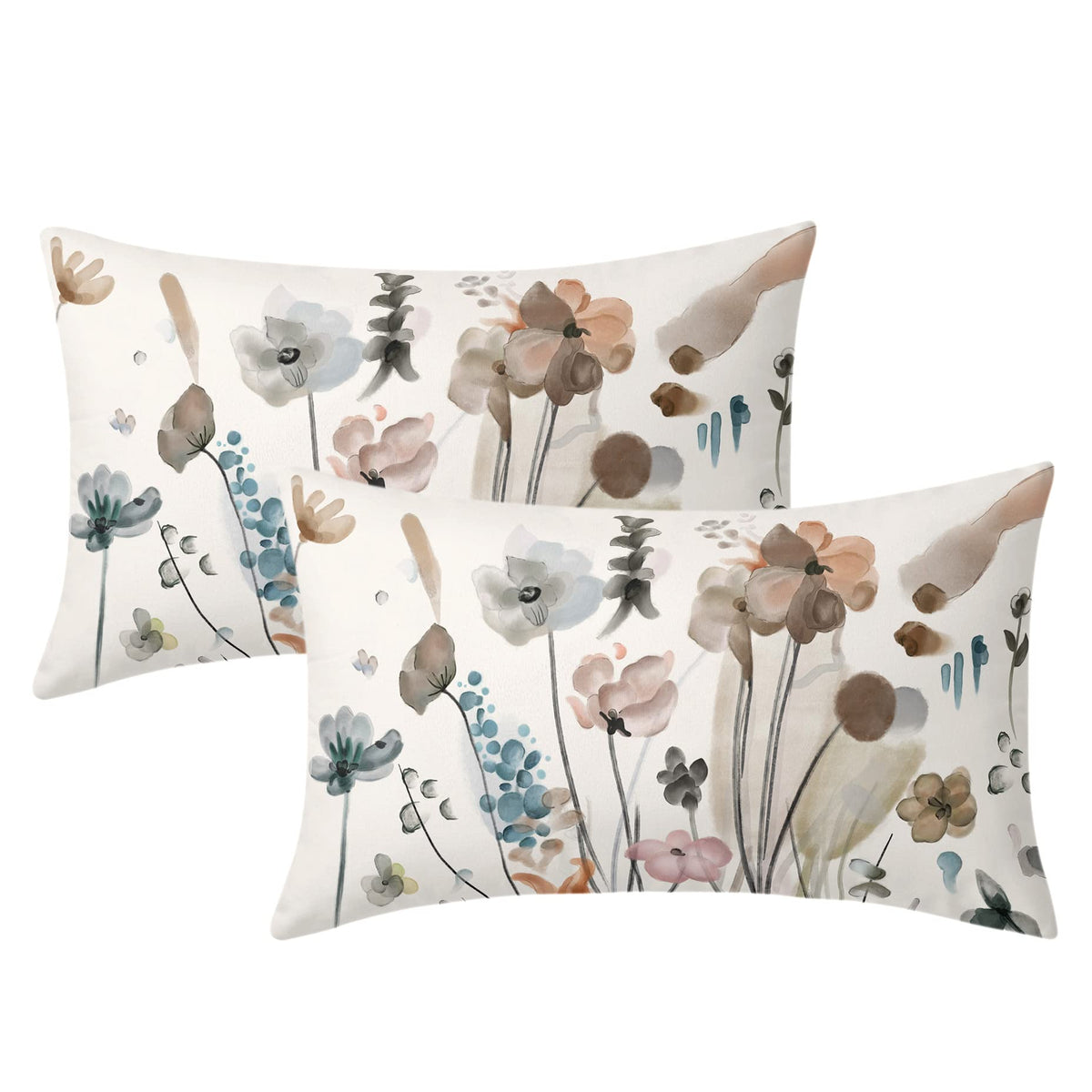 Brown Cream Grey Teal Floral Pillow Covers 12X20 Inch Watercolor Flower Lumbar Bed Pillow Cases Rustic Abstract Modern Throw Pil