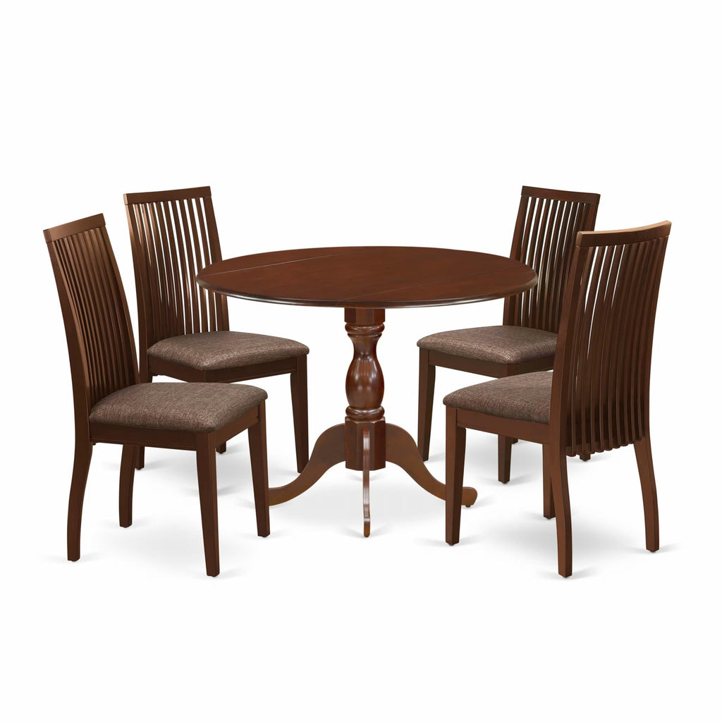 East West Furniture DMIP5-MAH-C 5 Piece Kitchen Table & Chairs Set Includes a Round Dining Room Table with Dropleaf and 4 Linen Fabric Upholstered Chairs, 42x42 Inch, Mahogany