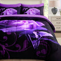 Wongs Bedding Purple Comforter Set Queen, Reversible Purple Rose 7 Pieces Bed In A Bag, Lightweight Soft Microfiber Bedding Sets