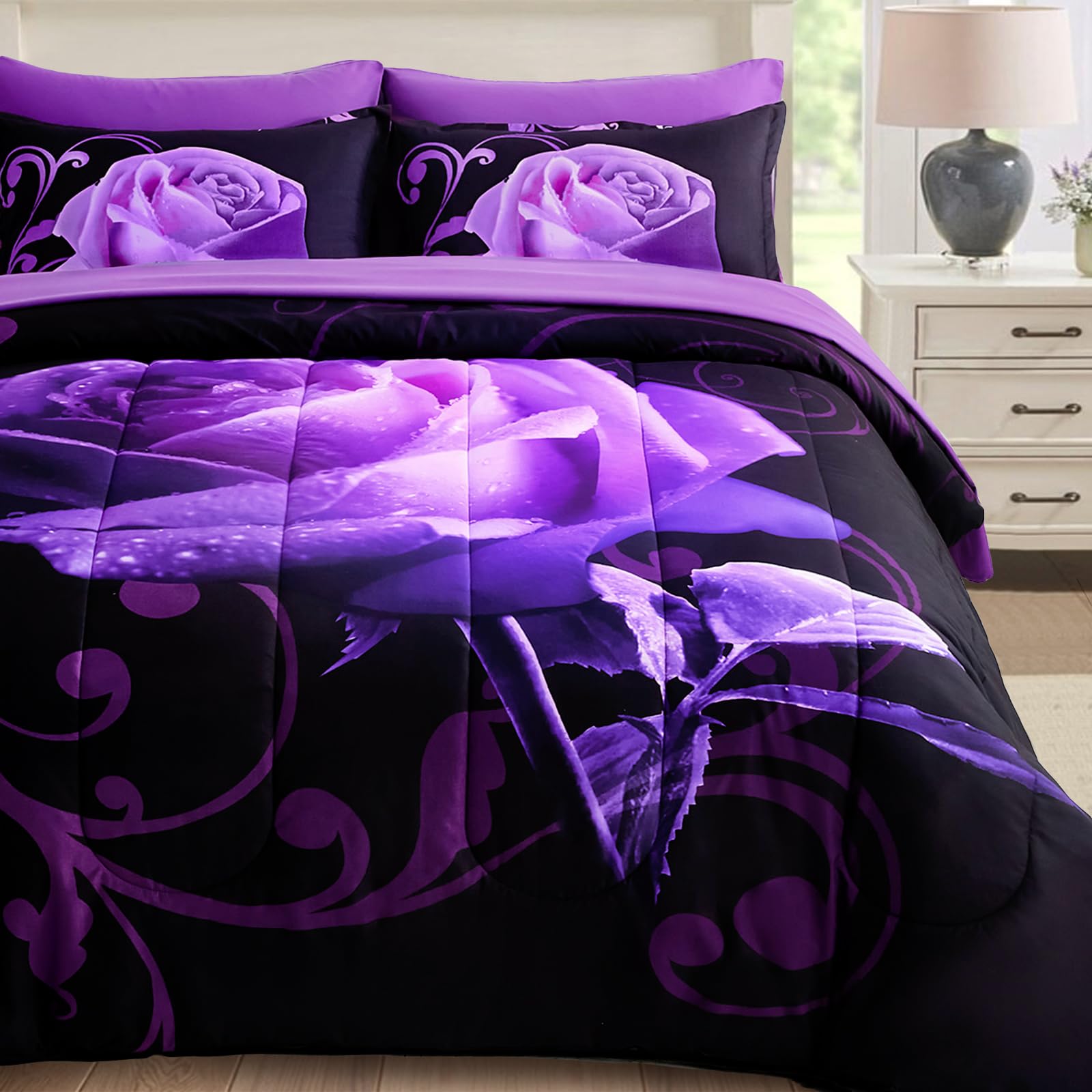 Wongs Bedding Purple Comforter Set King, Reversible Purple Rose 7 Pieces Bed In A Bag, Lightweight Soft Microfiber Bedding Sets