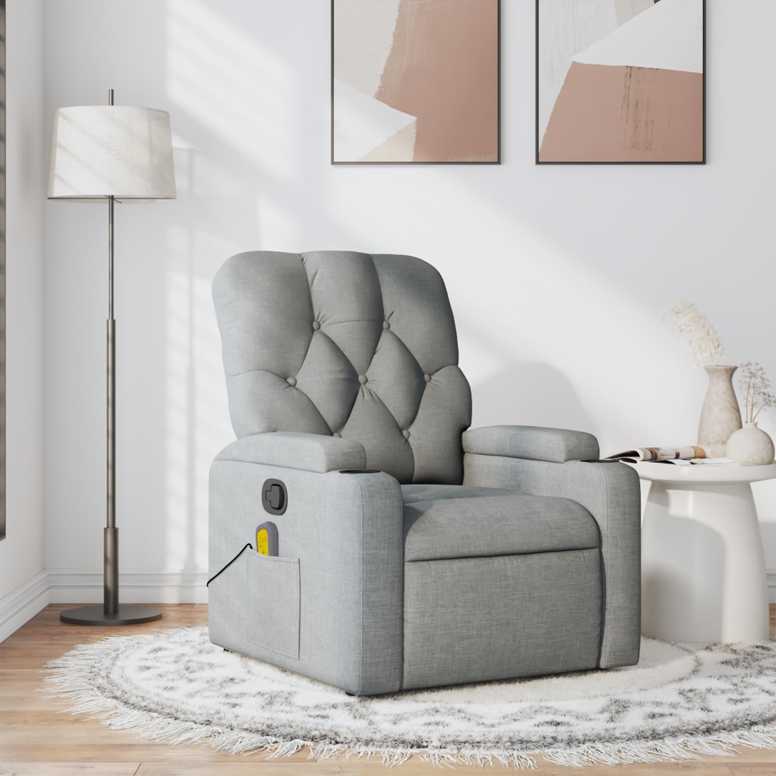 vidaXL Fabric Massage Recliner Chair for Living Room, Home Theater, 6-Point Vibration Massage, Adjustable Back & Footrest, Cup Holders, Light Gray