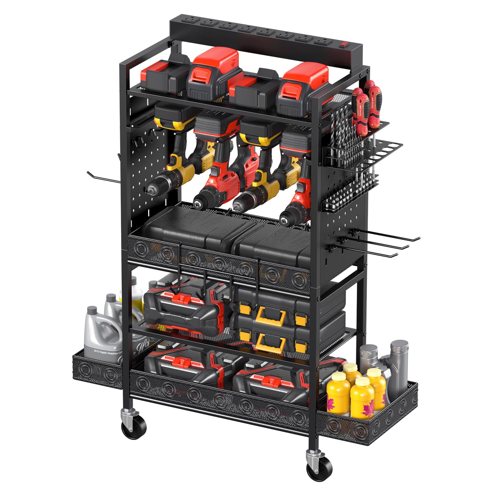 Cccei Garage Power Tools Organizer Cart With Charging Station, Black Floor Standing Rolling Drill And Tools Battery Storage Cart On Wheels. Utility Rack Gift For Men, Husband, Father.
