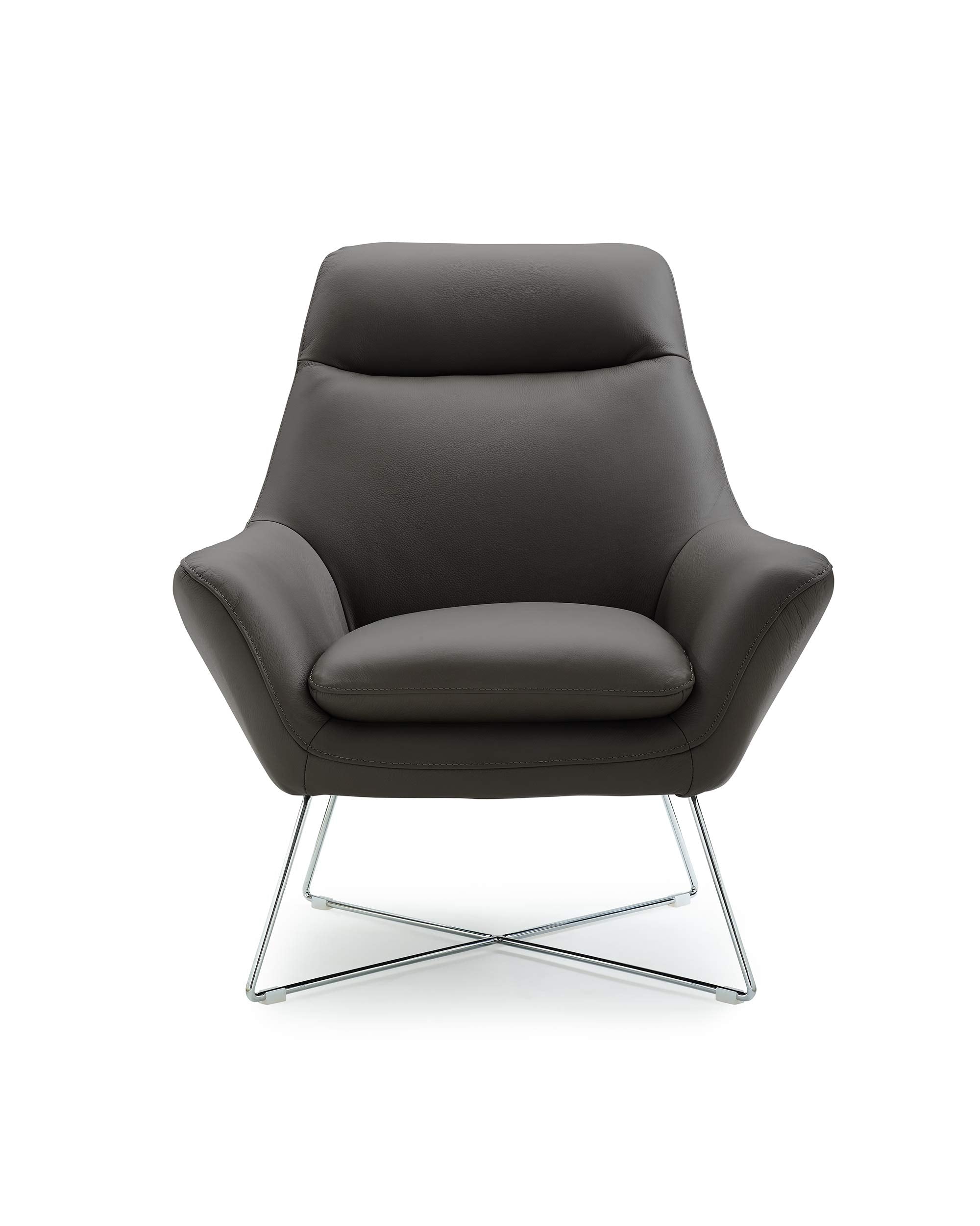 HomeRoots Dark Grey Top Grain Italian Leather Stainless Steel Legs Modern Dark Gray Top Grain Italian Leather Accent Chair