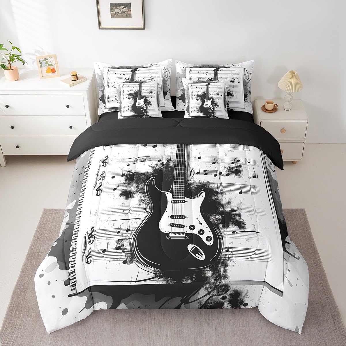Feelyou Music 7 Pieces Bedding Set Twin Size Guitar Comforter Set With Sheets For Kids Boys Girls Rock Music Bed In A Bag Guitar