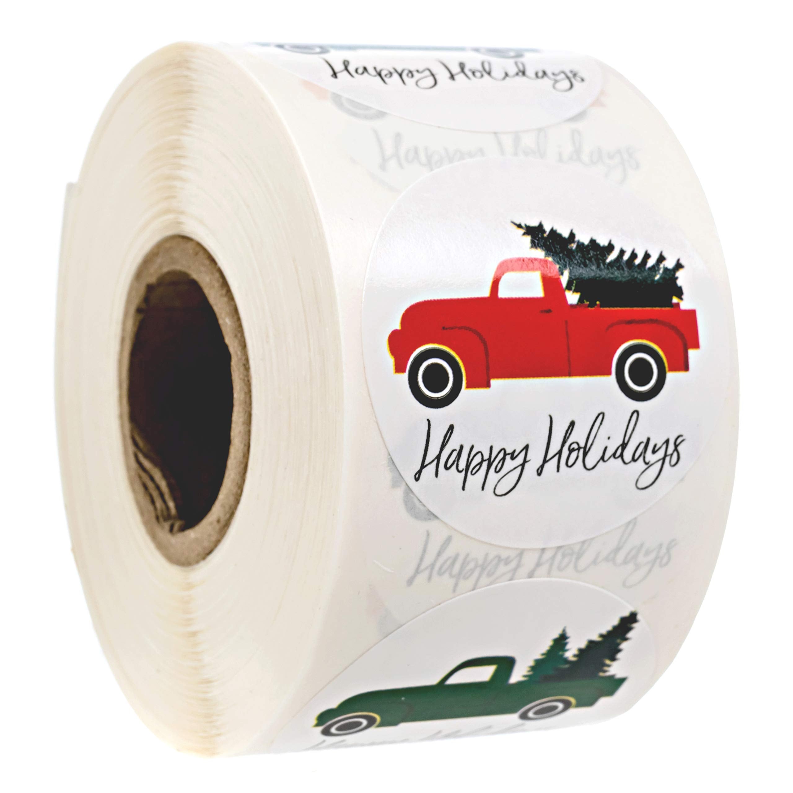 Vintage Trucks Holiday Stickers / 500 Christmas Labels / 4 Winter Evergreen Tree Truck Designs / 1.5' Seasonal Envelope Seals