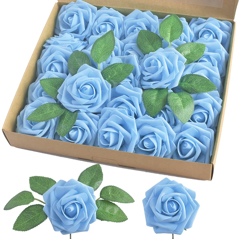 homEdge Artificial Rose, 25pcs Foam Artificial Flowers with Stem for Home Decorations, Wedding Bouquets, Party, Certerpieces, An