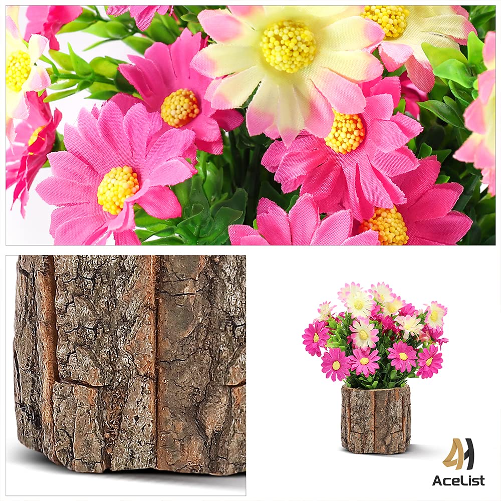 Acelist Artificial Flowers Fake Daisy For Decoration, Small Potted Plants In Log Planters, Pink Daisies Table Centerpieces For M