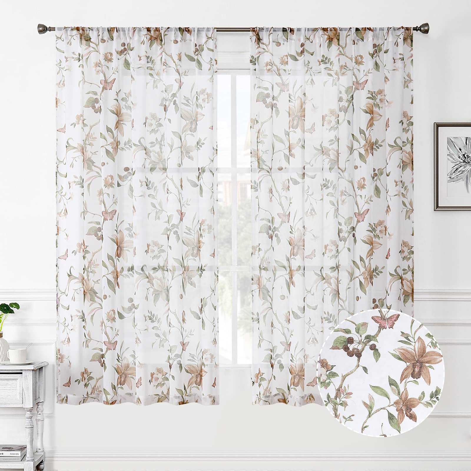 Tollpiz Floral Sheer Curtains Taupe Cherry Flower Butterfly Print Living Room Curtain Rod Pocket Voile Linen Look Short White Sh