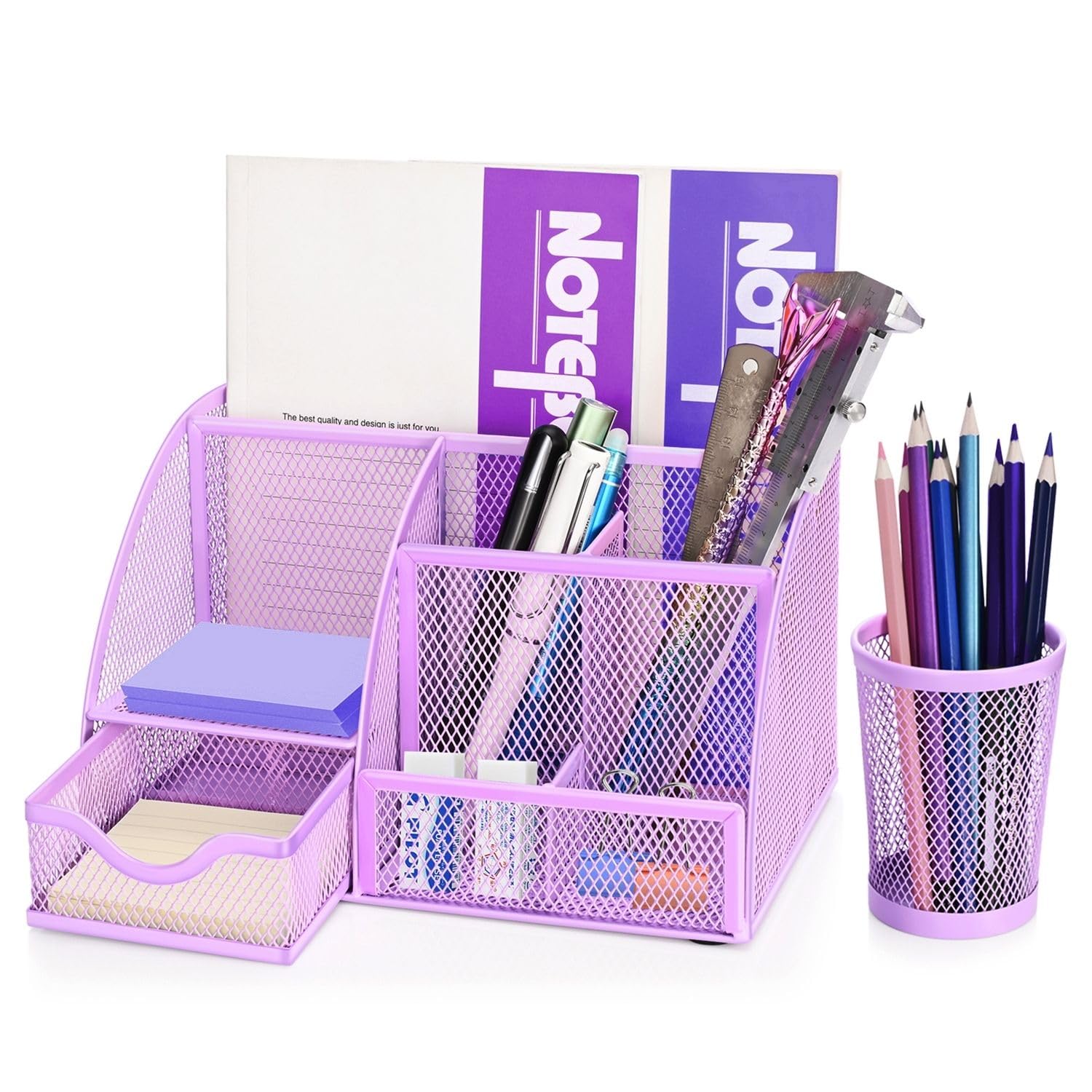 Flexzion Desk Top Caddy Organizer - Purple Office Desk Accessories Organizer And Storage - Metal Mesh Desk With 6 Compartments,