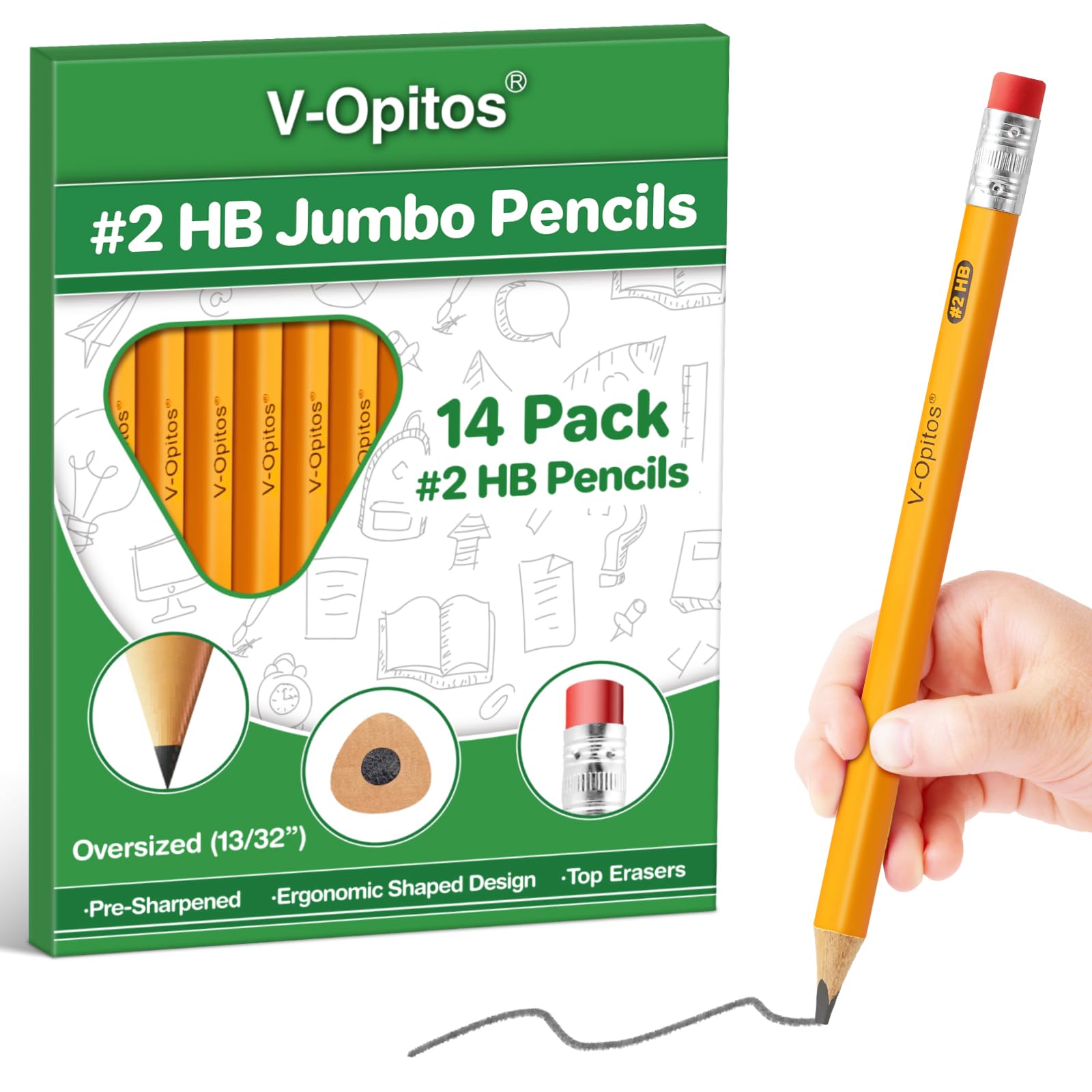 V-Opitos 14 Pack Jumbo #2 Hb Pencils For Kids, Triangle Shape Pre-Sharpened Wood-Cased Pencils With Top Erasers, Toddler First P