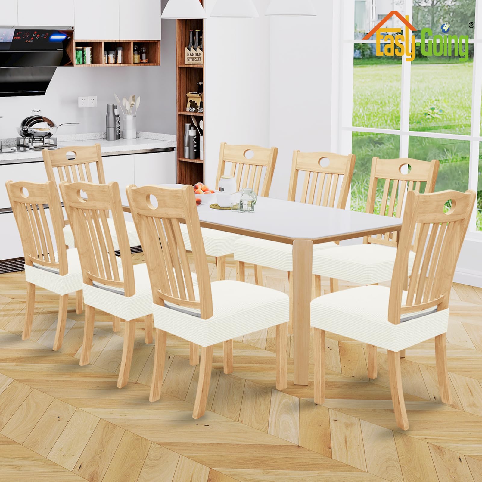 Easy-Going 100% Waterproof Seat Covers For Dining Room Chairs, Stretch Jacquard Chair Seat Slipcovers Removable And Washable Kitchen Dining Chair Covers (Set Of 8, Cream)