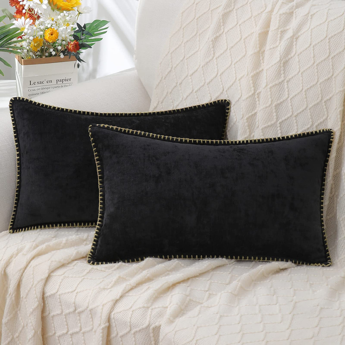Decoruhome Chenille Soft Throw Pillow Covers 12X20 Set Of 2, Lumbar Velvet Farmhouse Decorative Pillow Covers With Stitched Edge