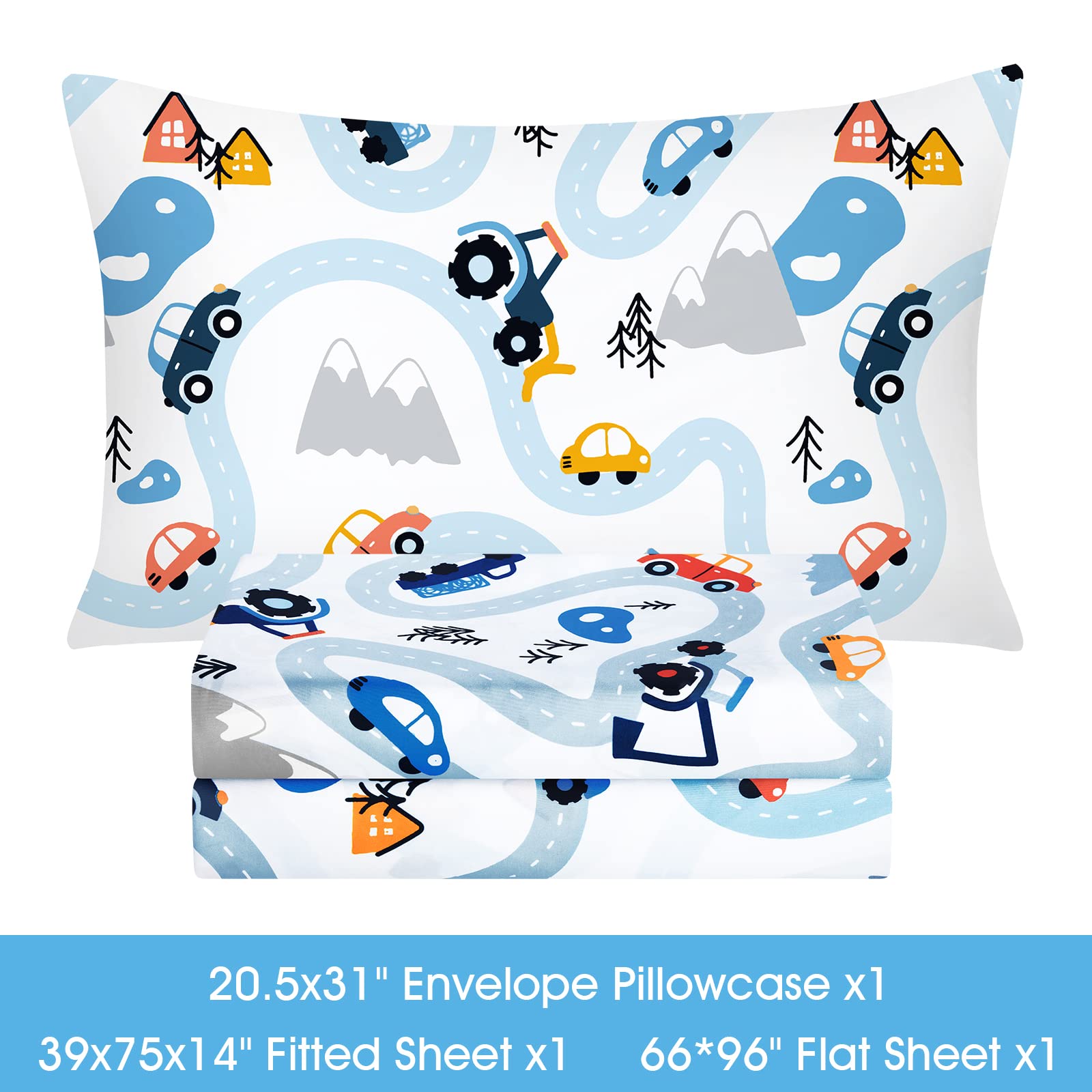 Bysure Twin Sheets Set Kids(Car Trace, Blue), 3 Pieces Easy Fit Deep Pocket Sheets Set, Breathable Wrinkle-Free Microfiber Beddi