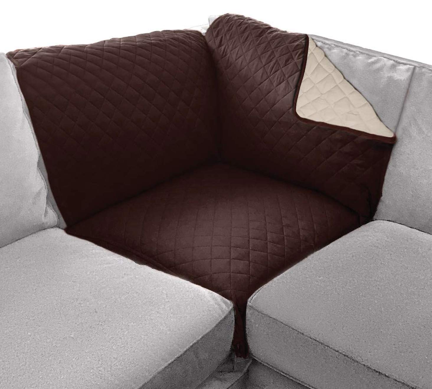 Sofa Shield Patented Sectional Slip Cover, Large Cushion Protector, Reversible Stain, Dog Tear Resistant Slipcover, Quilted Microfiber 30X30” Seat, Washable Covers For Dogs Pets Kids, Chocolate Beige