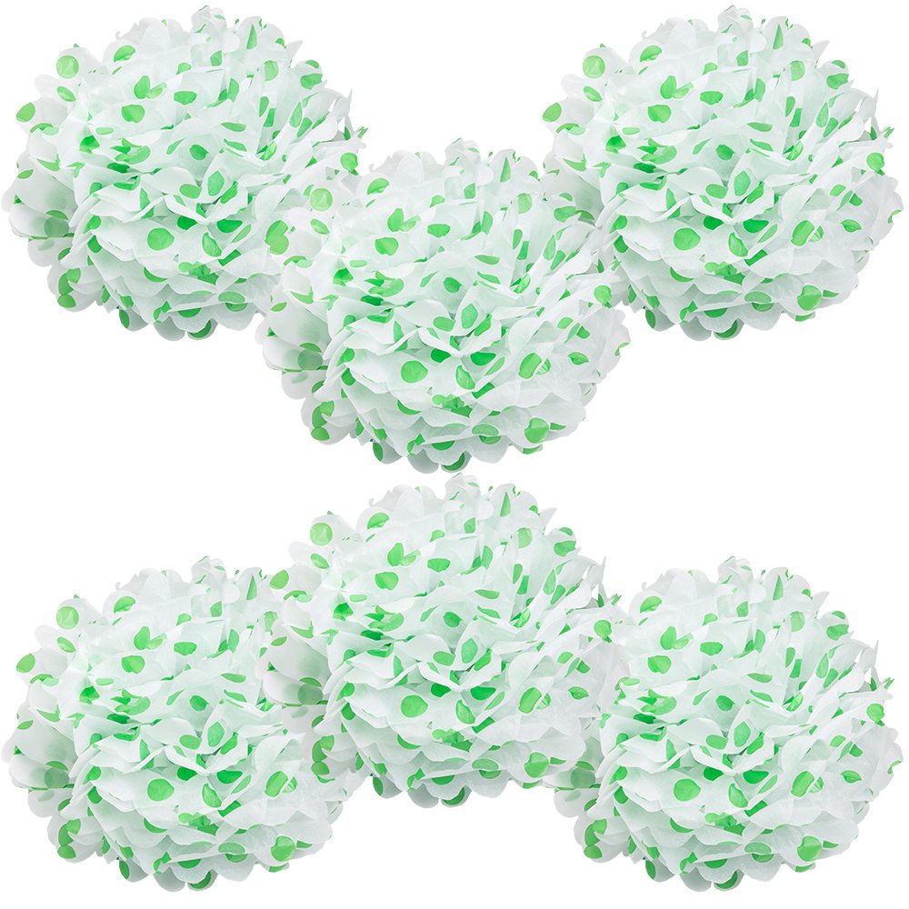 WYZworks Set of 6 - Green Polka DOT 16 - (6 Pack) Tissue Pom Poms Flower Party Decorations for Weddings, Birthday, Bridal, Hallo