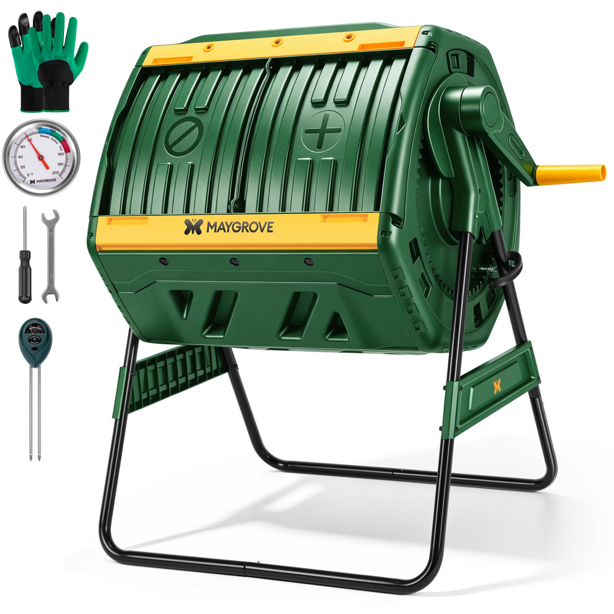 MAYGROVE Outdoor Compost Bin 53 Gallon Dual Chamber Composting Tumbler