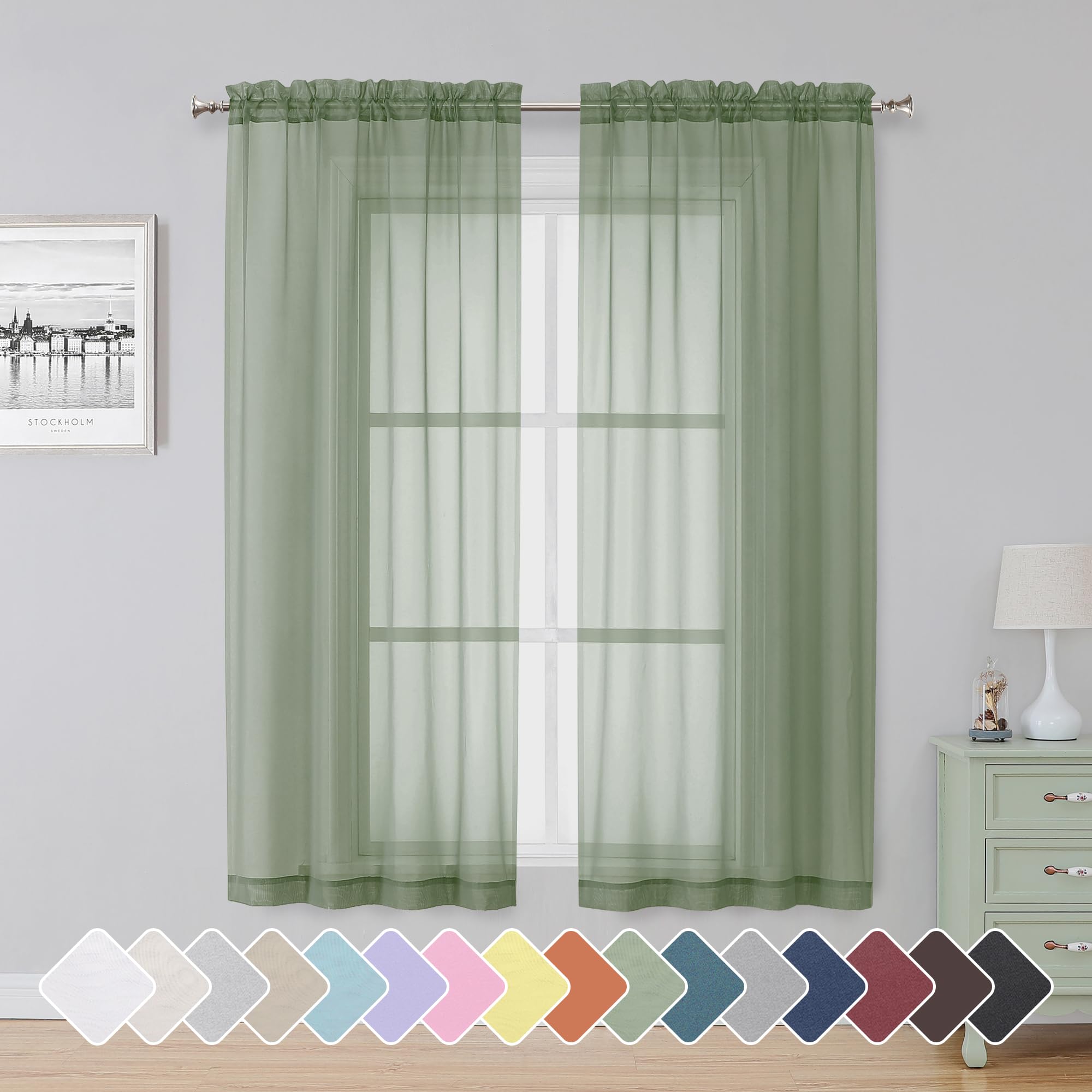 Simplebrand Sage Sheer Curtains 63 Inch Length 2 Panels, Rod Pocket Solid Color Window Sheer Curtain Panels, Elegant Curtains &