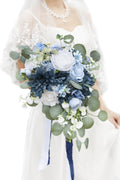 Yelinart 11 Inch Dusty Blue Wedding Bouquets for Bride White Navy Blue Artificial Roses Flower Cascading Bridal Bouquet for Rust