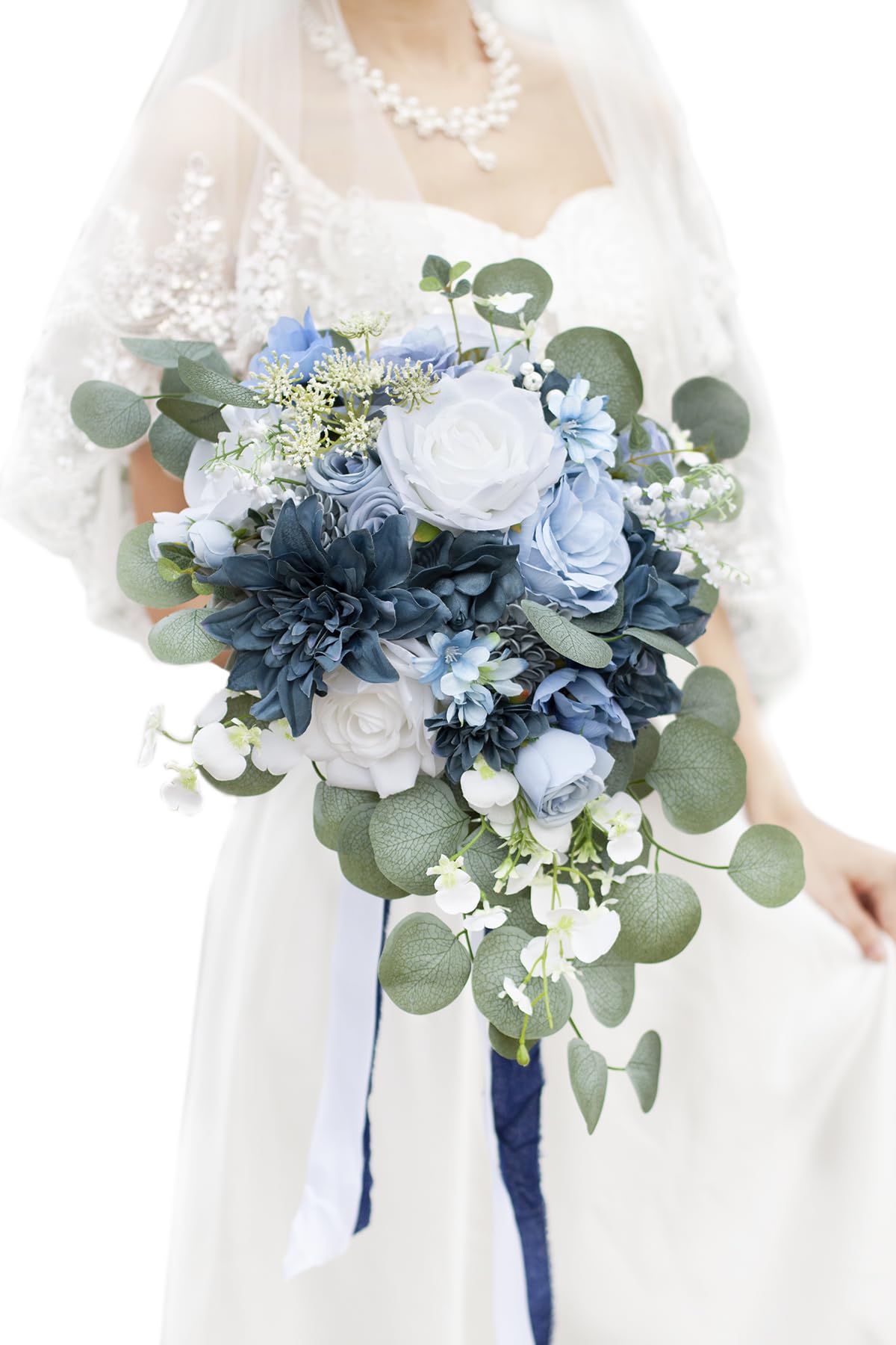 Yelinart 11 Inch Dusty Blue Wedding Bouquets for Bride White Navy Blue Artificial Roses Flower Cascading Bridal Bouquet for Rust