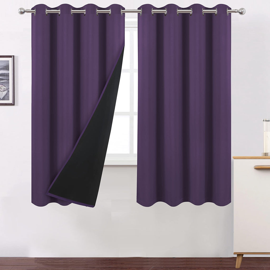 LEMOMO 100% Blackout Curtains 52 x 72 Inch/Purple Curtains 2 Panels with Black Lining Room Darkening Thermal Insulated Bedroom C