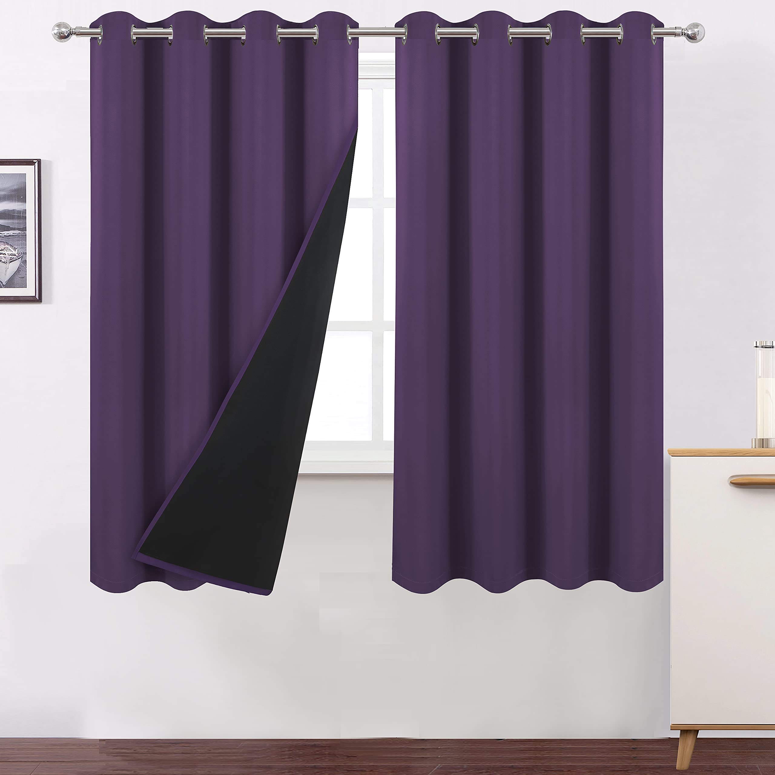 LEMOMO 100% Blackout Curtains 52 x 72 Inch/Purple Curtains 2 Panels with Black Lining Room Darkening Thermal Insulated Bedroom C