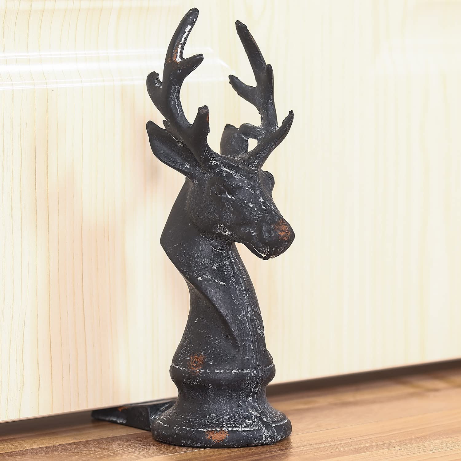 Wempolu Cast Iron Stag Head Wedge Floor Door Stop, Black Finish, 2.3 Lbs
