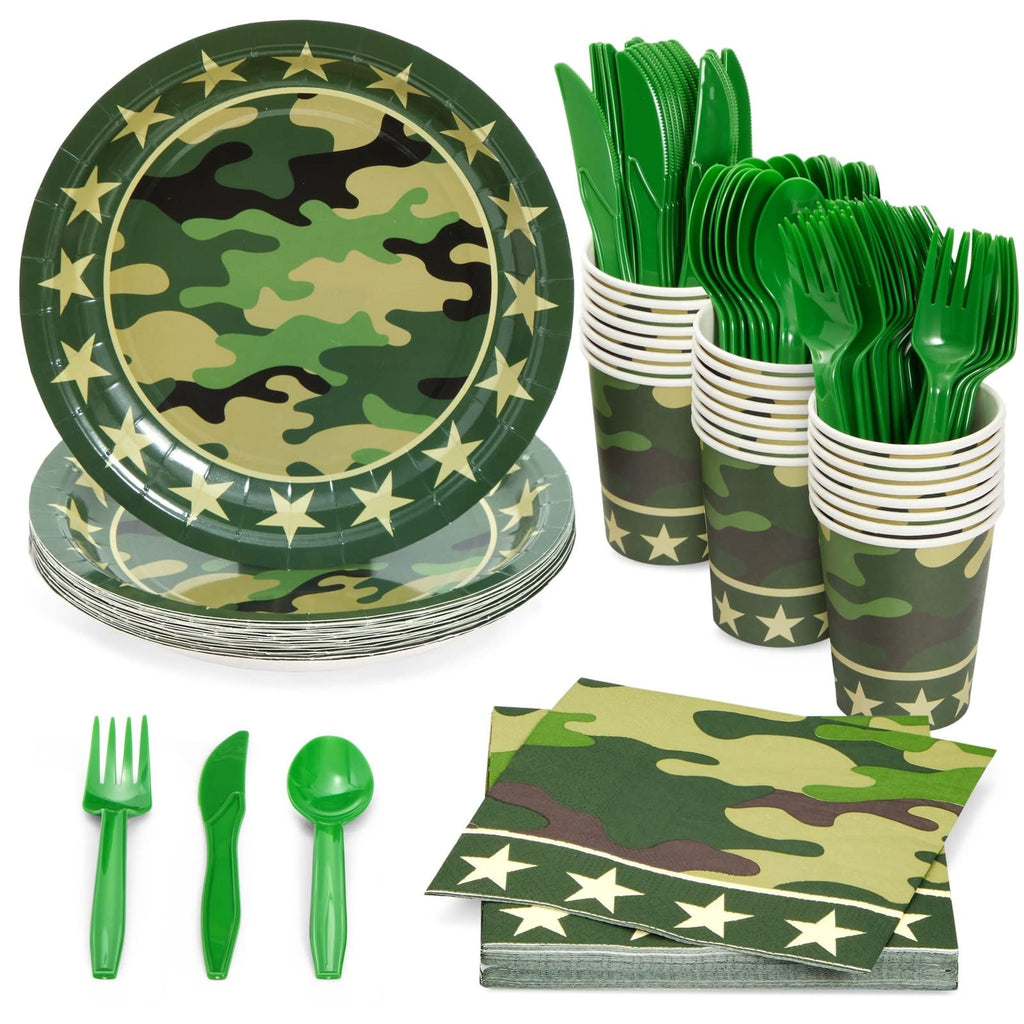 BLUE PANDA 144-Piece Camo Party Decorations for Army-Themed Birthday, Baby Shower, Welcome Home Party, Serves 24, Includes Camou