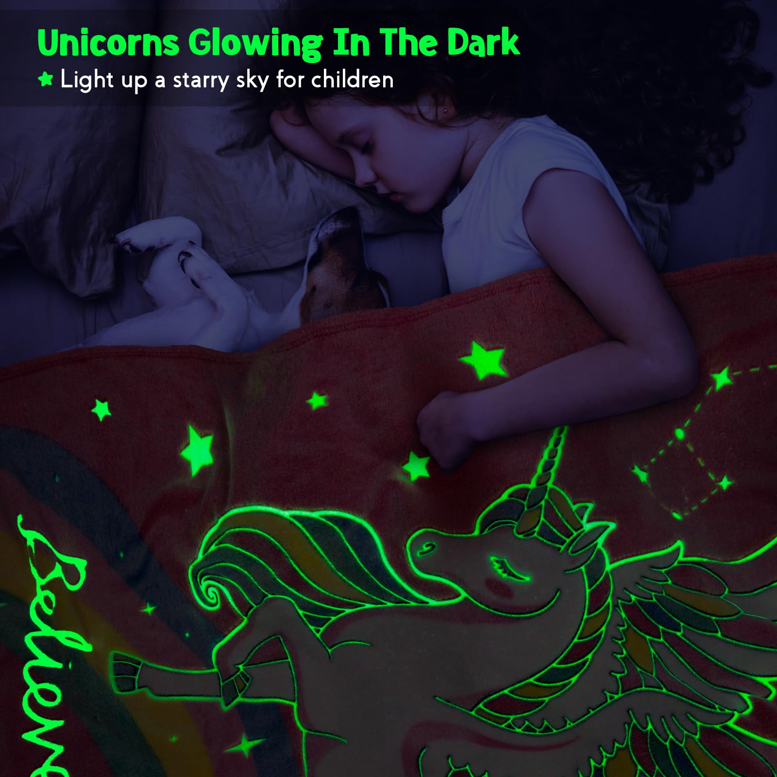 Unicorn Gifts Toys For Kids Girls - Glow In The Dark Blanket Age 1-13 Years Old Birthday Christmas Valentine'S Gift Easter Presents Toddler Teen Daughter Grandkids Rainbow Moon Stars Throw 50'X60'