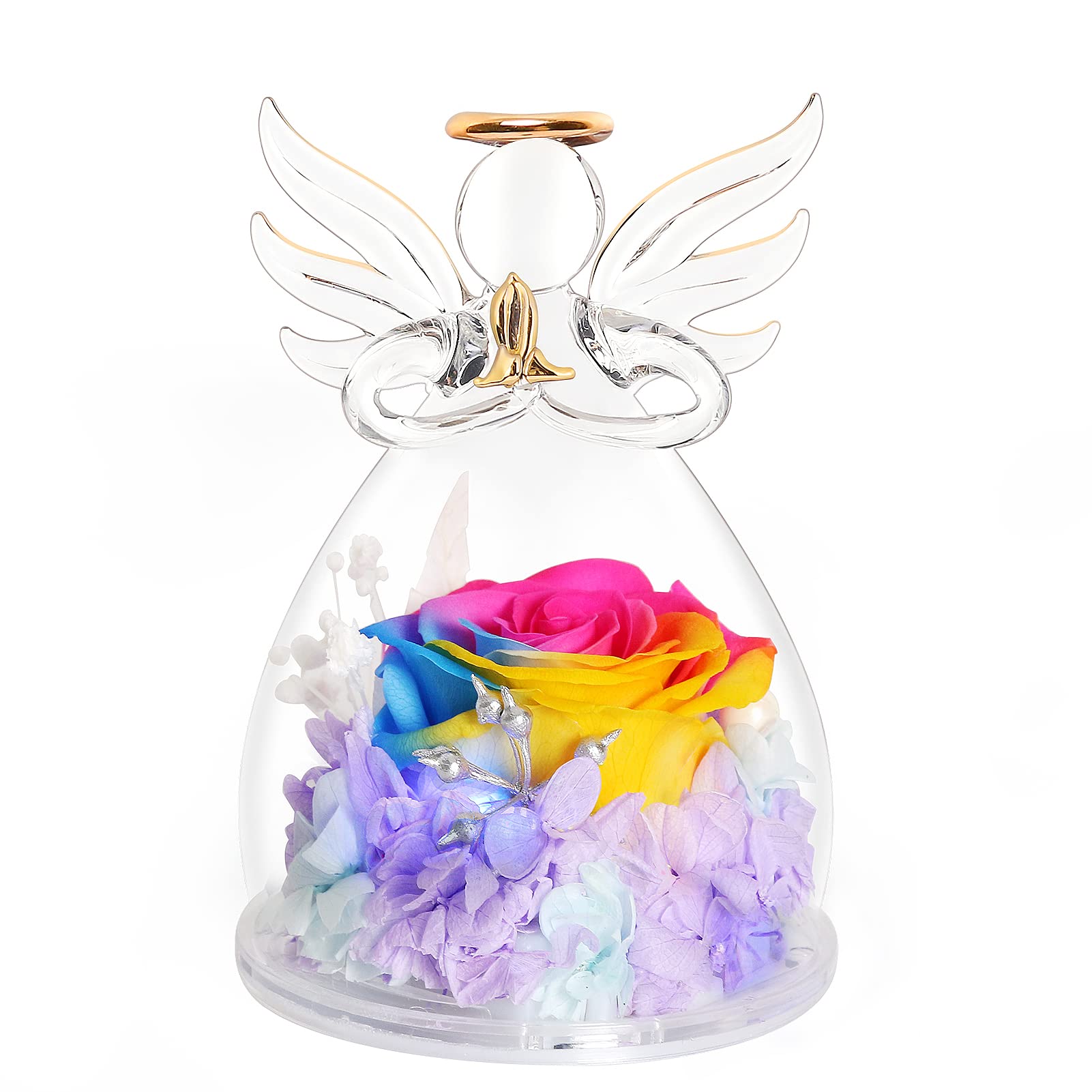 Encavy Preserved Flower Rose Gifts In Glass Angel Figurines,Birthday Gifts For Women, For Mom,Angel Rose Gifts With Light For He