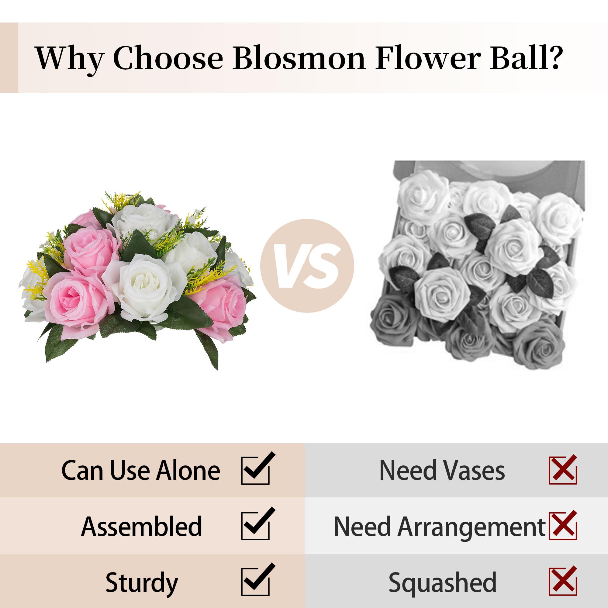 Blosmon Flower Balls Rose Centerpieces: 6 Pcs 9.5 Inch Pink Fake Flowers Kissing Balls Decor Artificial Wedding Floral Arrangeme