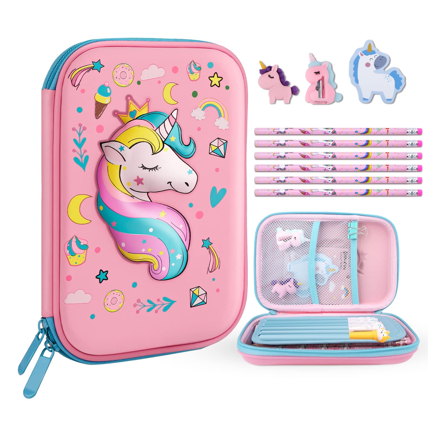 Homicozy Pencil Case For Girls,Cute Unicorn Stationary Set For Kids,3D Eva School Large Capacity Pencil Pen Box With Compartment