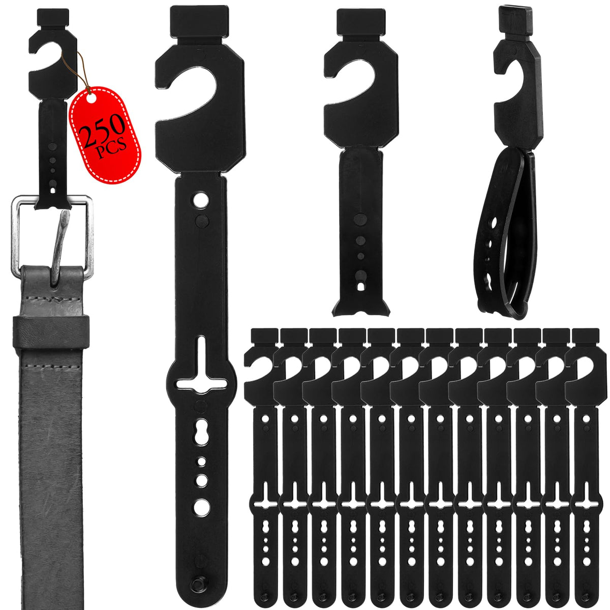 Geelin 250 Pack Belt Hanger, Black Plastic Tie Hangers Bulk for Men & Women