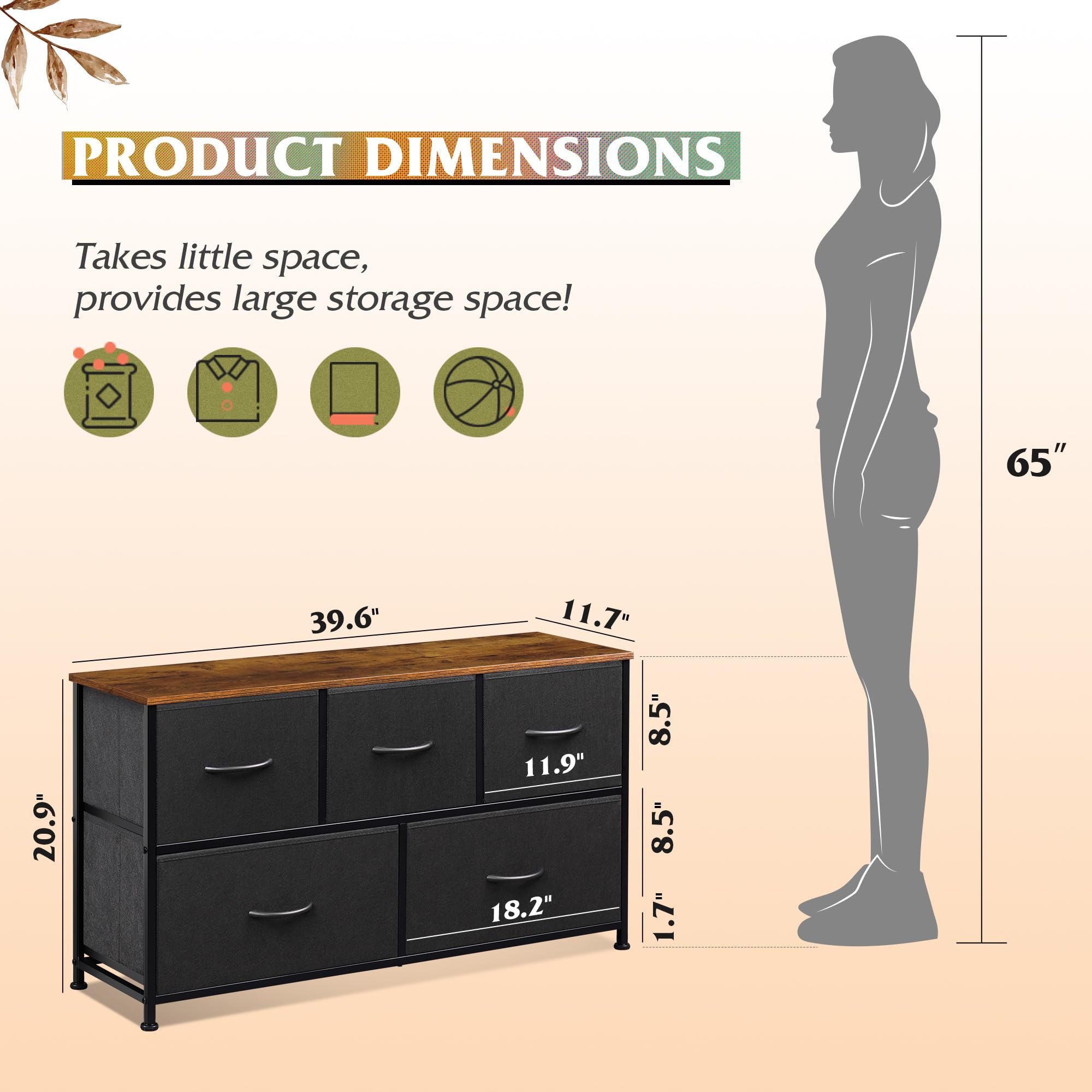 Wlive Dresser For Bedroom With 5 Drawers, Wide Chest Of Drawers, Fabric Dresser, Storage Organizer Unit With Fabric Bins For Closet, Living Room, Hallway, Black And Rustic Brown