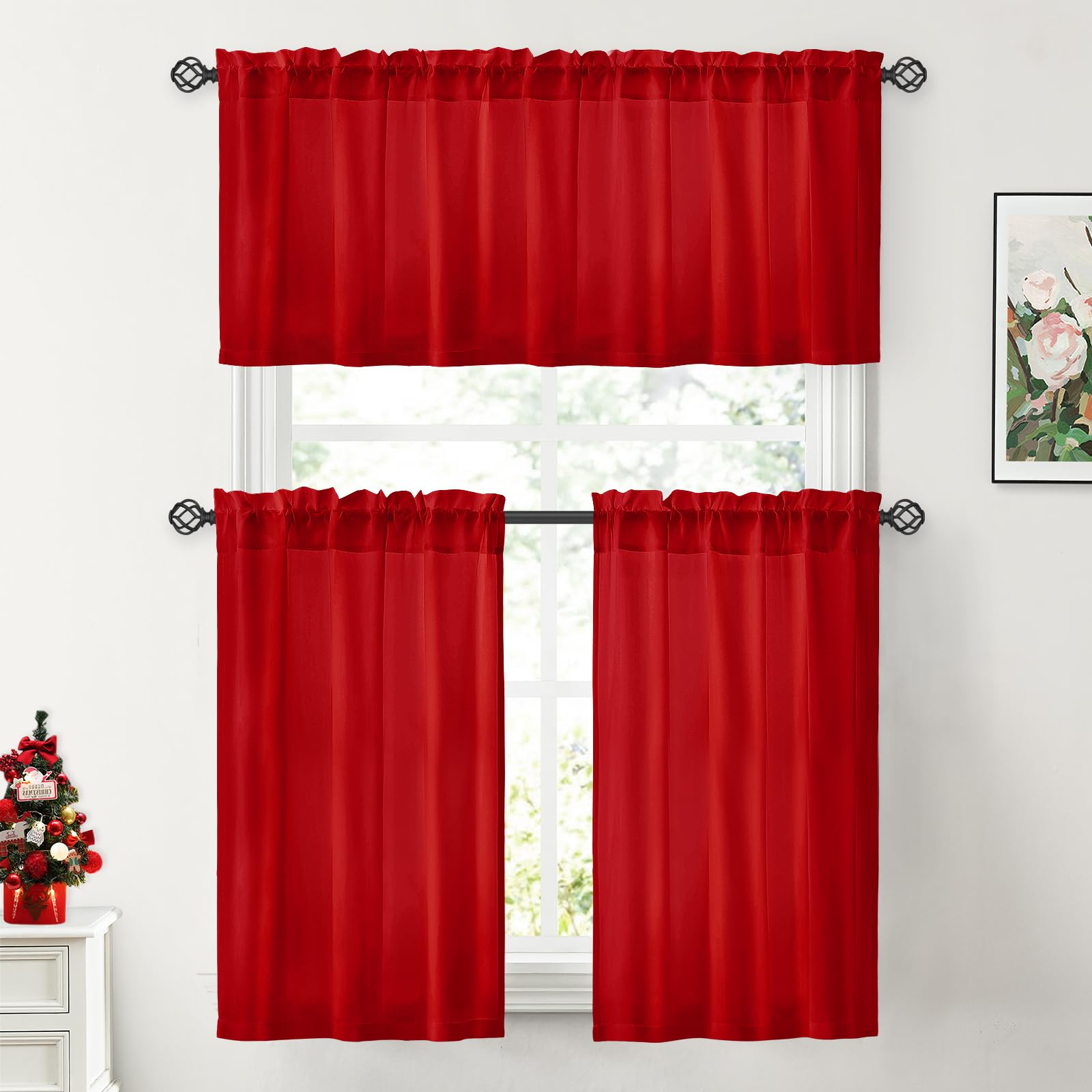 Homeideas Non-See-Through Red Privacy Sheer Kitchen Curtains 30 X 24 Inches Long 2 Panels Short Sheer Curtains Light Filtering Bathroom Window Curtains Drapes For Bedroom Living Room