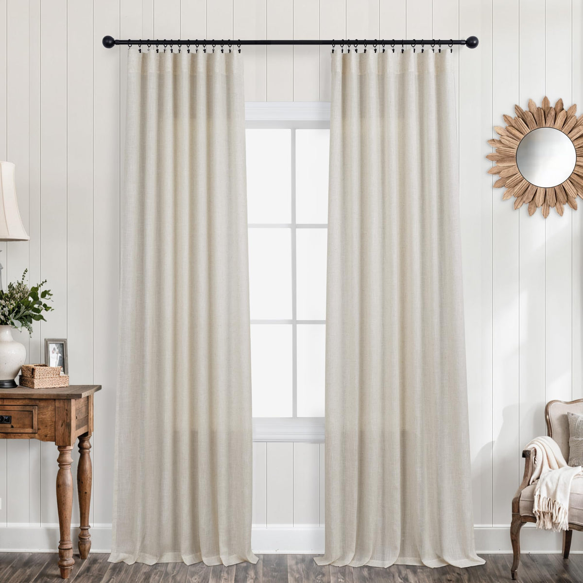 Koufall Farmhouse Curtains For Living Room,Country Burlap Rustic Rod Pocket Linen Semi Sheer Curtains For Bedroom 84 Inch Length