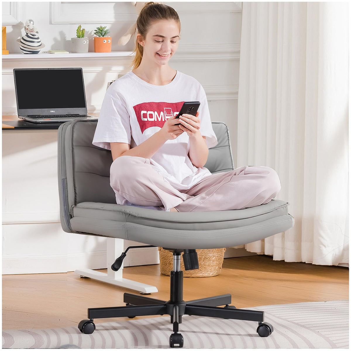 Comhoma Criss Cross Chair With Wheels, Armless Wide Cross Legged Office Chair Mid Back, Modern Home Office Desk Chair Swivel Adjustable Vanity Computer Chair, Gray