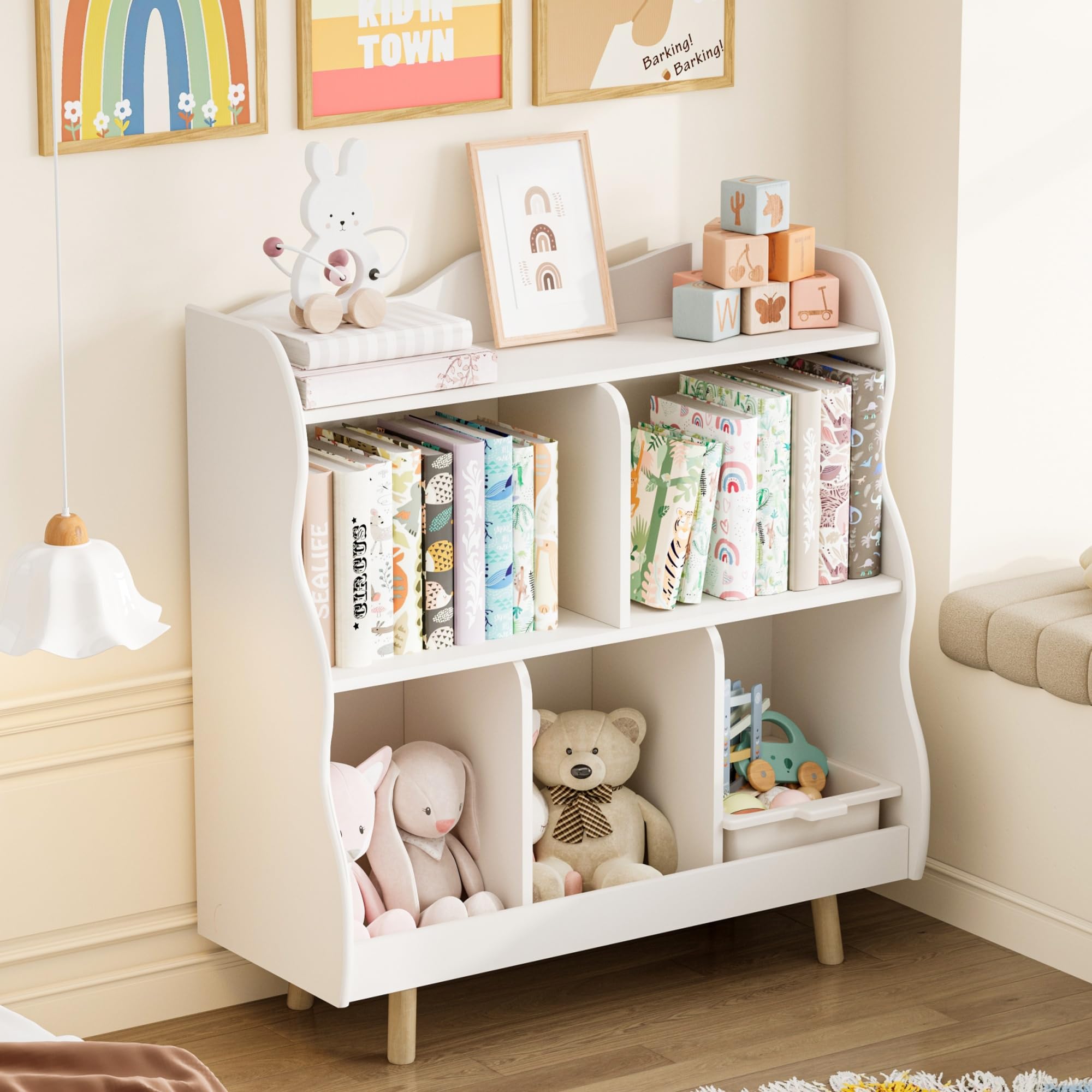 Treocho Kids Bookshelf and Toy Storage Orangizer, 3-Tier Wooden Childrens Bookcase with Curve Design, 5 Cubbies Toy Storage Cab