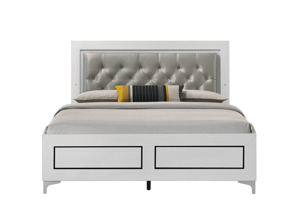 Acme Casilda Faux Leather Tufted Eastern King Bed with LED in Gray and White